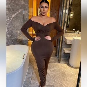 Chocolate Brown Off Shoulder Bodycon Dress size Large
